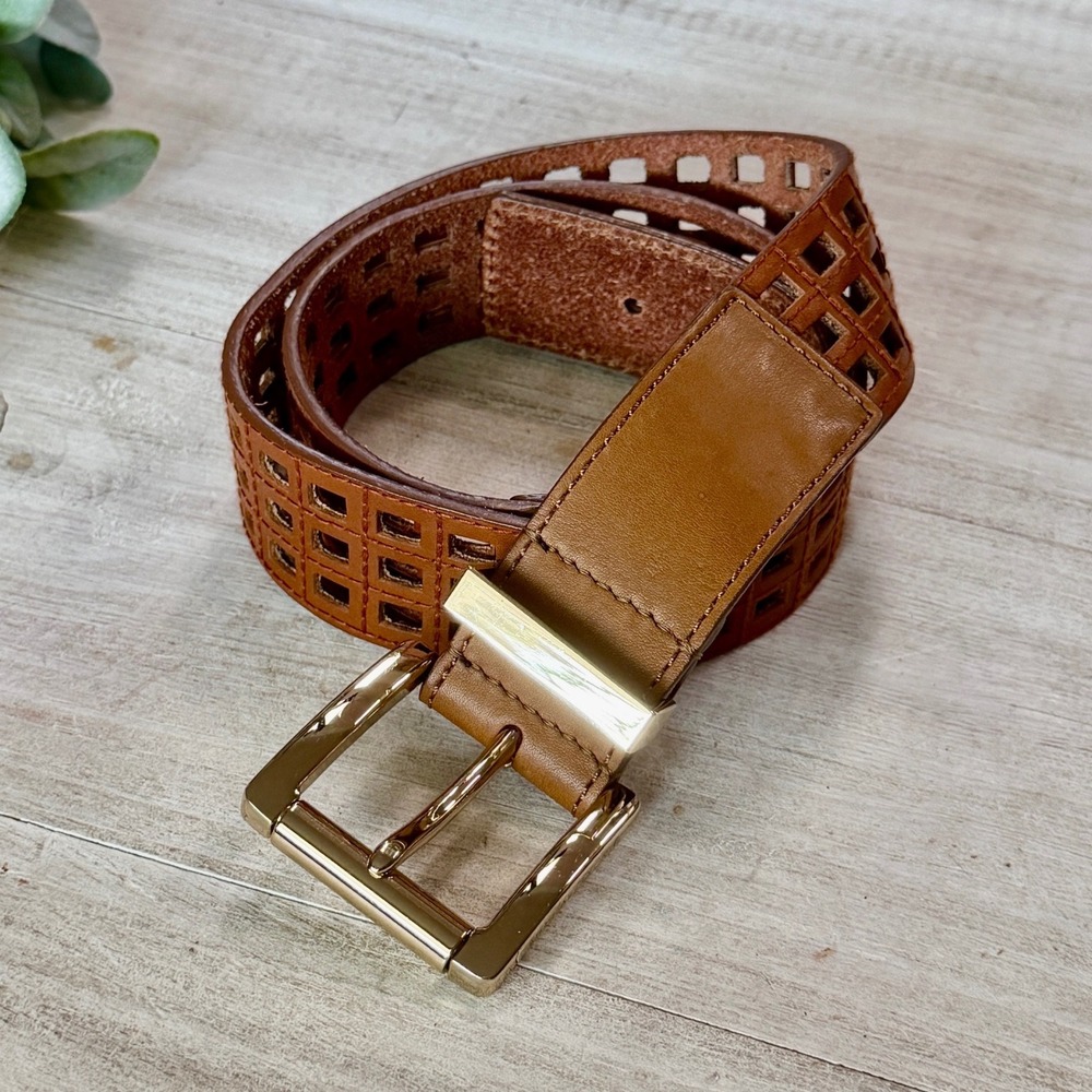 MK Cognac Brown Leather Lattice Laser Cut Belt with Gold Tone Buckle Medium